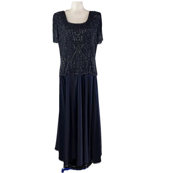 Stenay Dress size 14 Midnight Blue Satin Beaded Evening Wedding Formal Modest - Picture 1 of 16